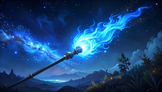 A glowing blue magic wand in a fantasy landscape