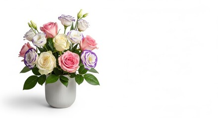 Obraz premium Bouquet of pink and white roses in a modern grey vase, isolated photo, copy space 