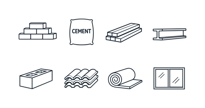 Black and white line icons of construction materials including bricks, cement bag, lumber planks, steel beam, concrete block, roof tiles, insulation roll, and window