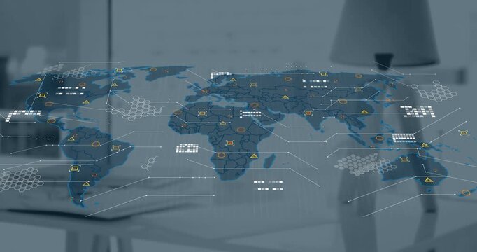 A digital animation of data processing taking place on a world map