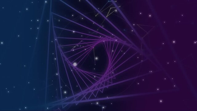 Animation of white spots and circular shapes in seamless pattern against spinning abstract shape