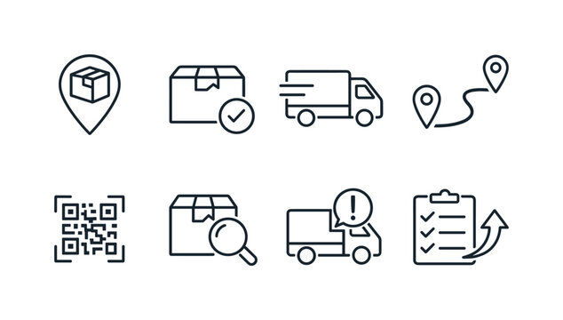 Minimal line icons set showing package tracking, delivery truck, route pins, QR code scanning, parcel inspection, and shipping checklist logistics