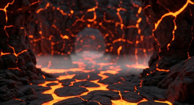 Molten lava flowing through volcanic landscape.