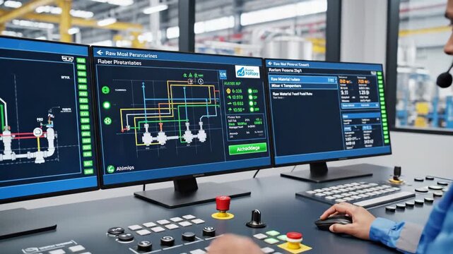 An operator manages control systems on several screens while communicating and monitoring processes in a busy work environment