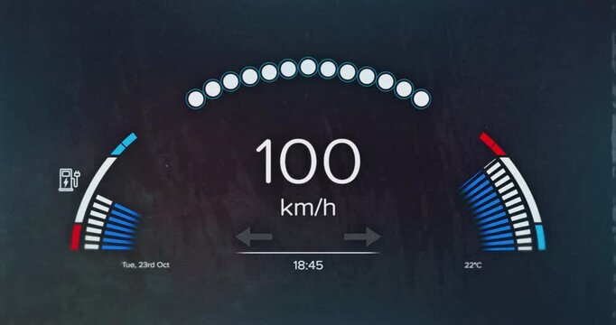 Digital speedometer display showing 100 km or h with animation of fuel indicators