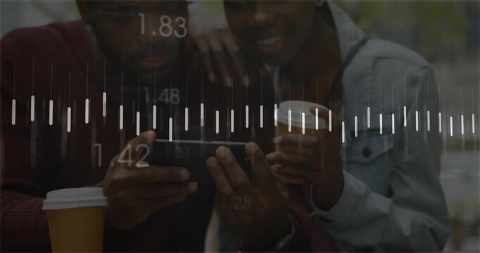 man and woman sharing smartphone while holding coffee at cafe, analyzing floating finance data bars