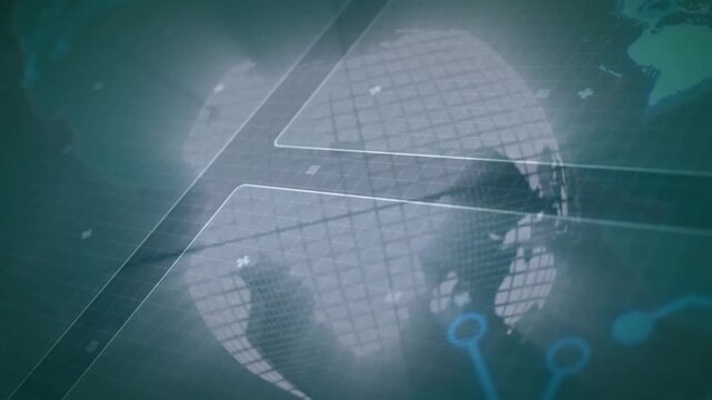 On opening globe rotating clockwise, shapes sliding, code scrolling, icons pulsing visualizing data