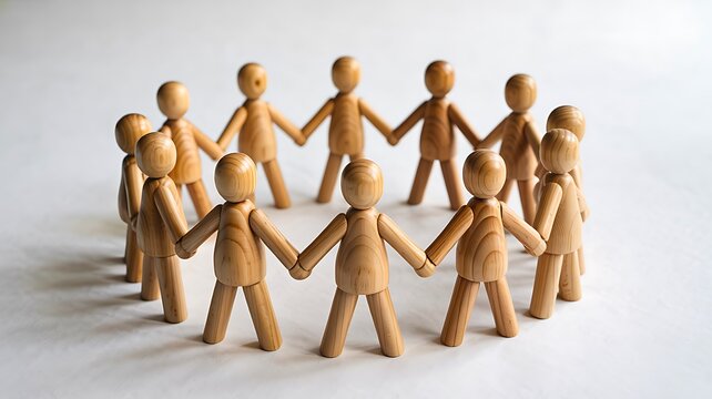 Wooden human figures holding hands in circle representing unity teamwork community and social connection concept