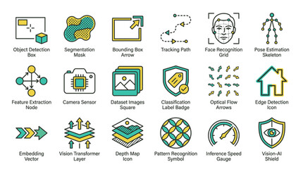Fototapeta premium Various icons depict business and technology concepts in a graphic design file.