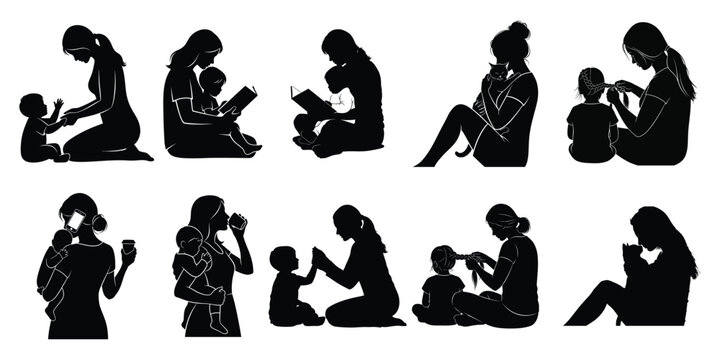 Silhouette of mother and child in various sitting positions and activities