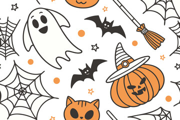 Obraz premium Halloween Seamless Pattern with Pumpkin, Ghost, Bat and Spider Web, Cute Spooky Background Illustration