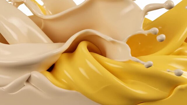 Smooth pastel vanilla splashes and yellow wavy jets of creamy cosmetic fluid cascade in an isolated clip art set of liquid ingredient motion.
