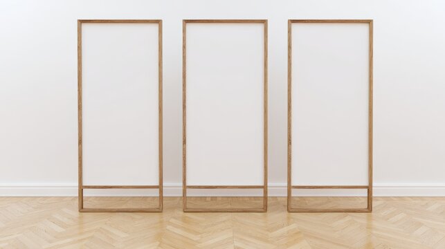 Three Tall Vertical Wooden Frames with White Blank Space on Herringbone Floor empty