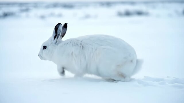 Arctic hare sits in the snowy, winter landscape, camouflaged
