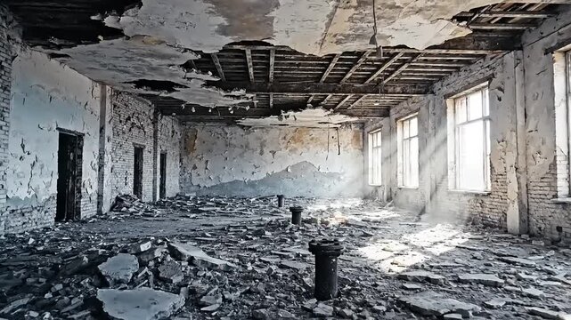 Interior view of desolate, neglected room with debris and light rays