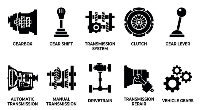 A collection of black and white silhouette icons representing various automotive transmission components and systems, perfect for mechanical diagrams and industry-related concepts.