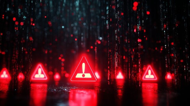 A digital illustration of warning signs in a dark cyber space with red alerts and binary code rain