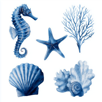 A beautiful watercolor illustration of various blue marine life and shells on a white background.