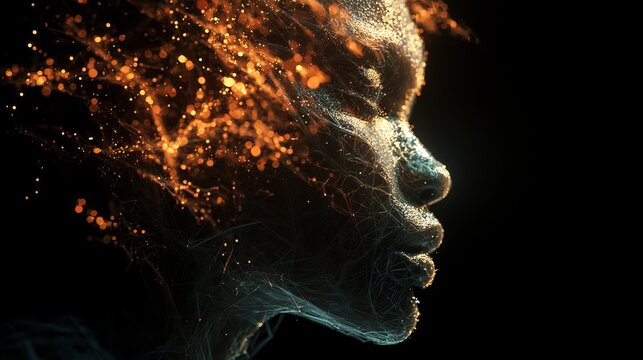 A woman's face is depicted in a stunning digital art piece with particles exploding from her head