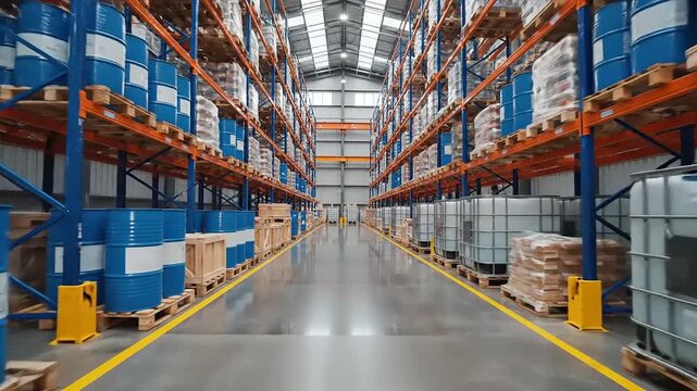 Vast interior view of industrial storage facility with tall shelving units holding containers and crates