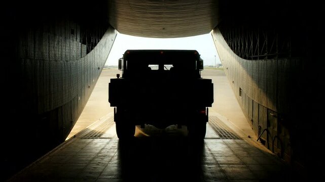 Silhouette of a truck exiting a hangar, capturing industrial transport at an airport setting.