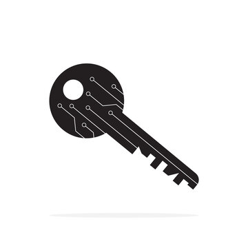 Black silhouette of key featuring integrated circuit lines. Digital access, cybersecurity, and blockchain protection in a sleek, modern style. Monochrome icon or symbol.