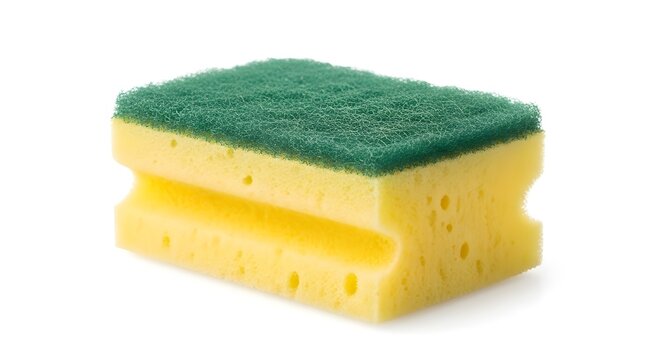 New yellow and green household cleaning sponge with a scrubbing surface displayed cleanly against a white background.