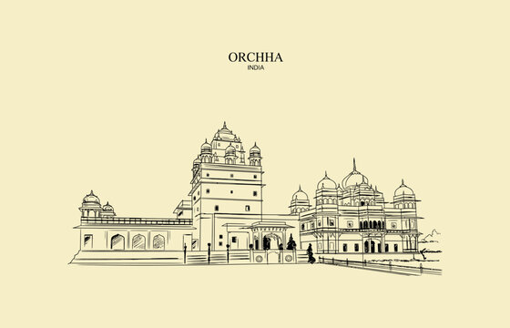 Orchha India Palace Complex Drawing Architecture Monument