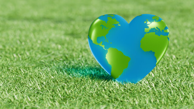 Heart shaped earth globe on grass symbolizing environmental care and earth day. 3d rendering