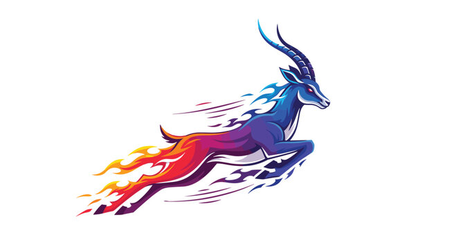 A dynamic gazelle leaps through the air, leaving a trail of vibrant blue, purple, and fiery orange flames, symbolizing extraordinary speed and power.