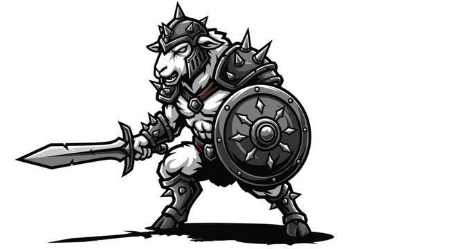 A formidable warrior sheep, clad in spiked armor and helmet, wields a shield and sword, embodying strength and readiness for ancient combat.