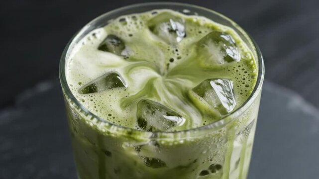 A close-up background of iced matcha latte tea fills the frame with rich green texture and creamy foam detail.