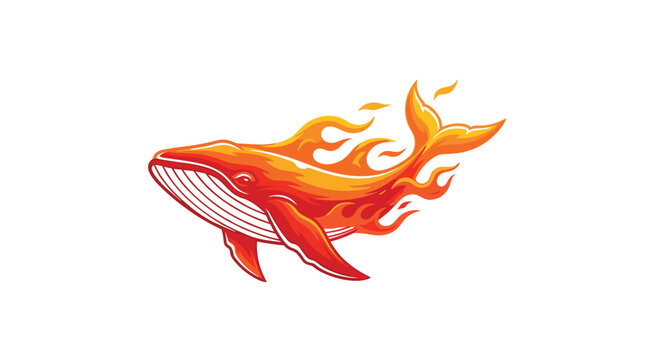 A vibrant orange and red whale, engulfed in flowing flames, swims dynamically, radiating intense heat and elemental power in a striking, energetic illustration.