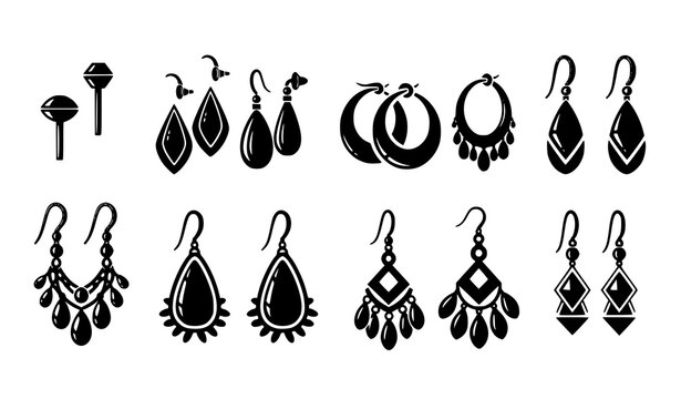 Black earrings icon set vector with beauty jewelry silhouette collection