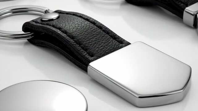 A metal keychain set with trinket keyring mockups in a realistic corporate identity template is presented in clean isolation on a white background.