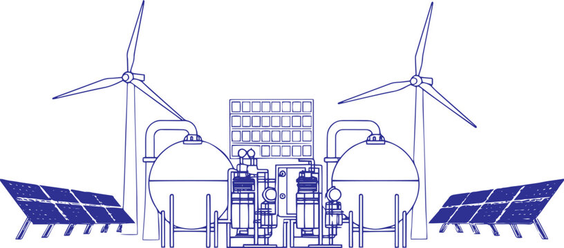 Green Hydrogen Production Factory Concept, Line Art Vector Illustration