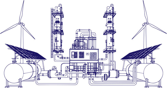 Green Hydrogen Production Factory Concept, Line Art Vector Illustration