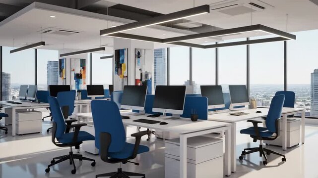 A modern white and blue open-space office interior features elegant furniture and computer workstations in a clean corporate setting.