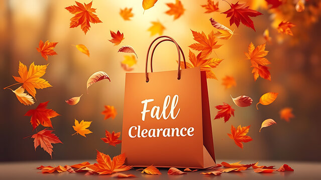 Fall clearance shopping bag with autumn maple leaves falling on a warm blurred background