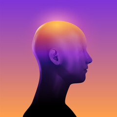 Obraz premium Conceptual profile of human head with glowing top against purple and orange sunset gradient background. Abstract vivid fashion surreal art.
