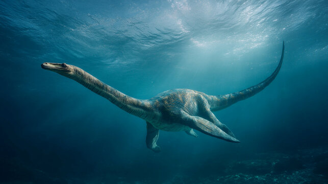 A long-necked plesiosaur gracefully swims through tranquil blue ocean.