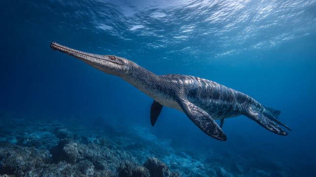 An agile ichthyosaur swims dynamically through clear blue ocean.