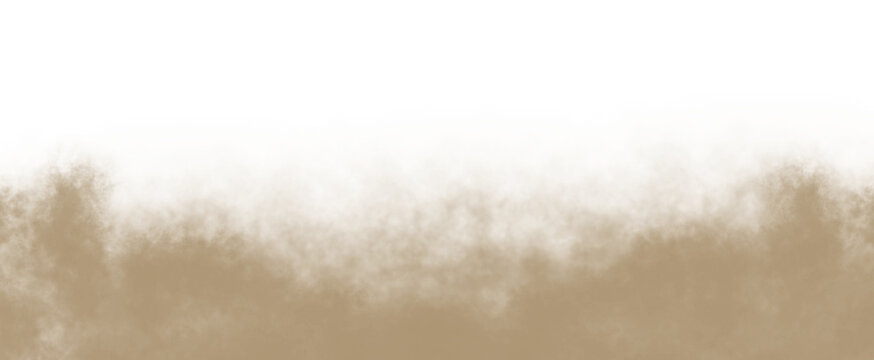 Realistic sand dust particles cloud isolated on transparent background. Brown sandstorm smoke explosion rising effect, fine soil powder overlay for compositing, covering and design elements, PNG