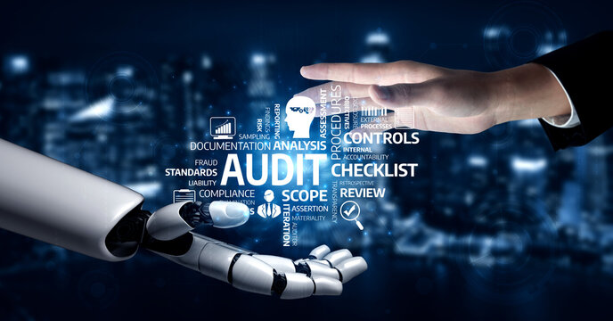 A striking image of a robot hand reaching out toward a human hand, symbolizing collaboration in audit, compliance, and technological innovation within a vibrant cityscape at night. Tessel