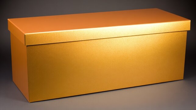 Shiny metallic gold rectangular gift box with lid on a dark gray surface present packaging