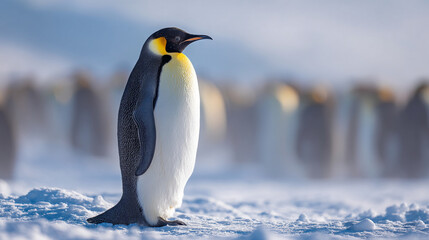 Fototapeta premium An emperor penguin stands before its distant colony.