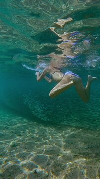 Young woman swimming near shimmering bait ball of Silversides Atherina fish. Bright sun rays illuminate scene, making water and fish sparkles.