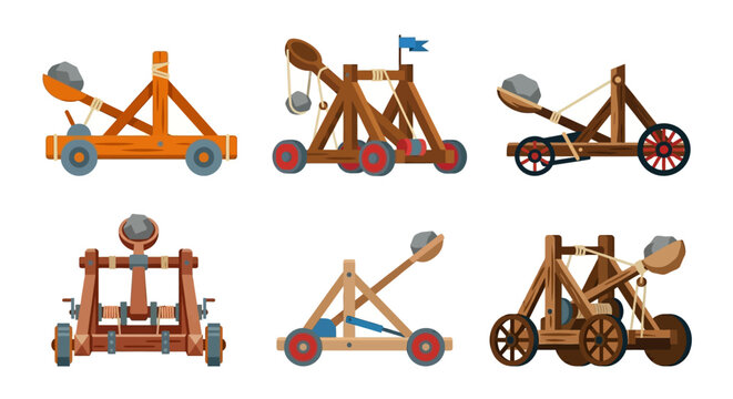 Illustrations of various trebuchets and medieval siege weaponry displayed together