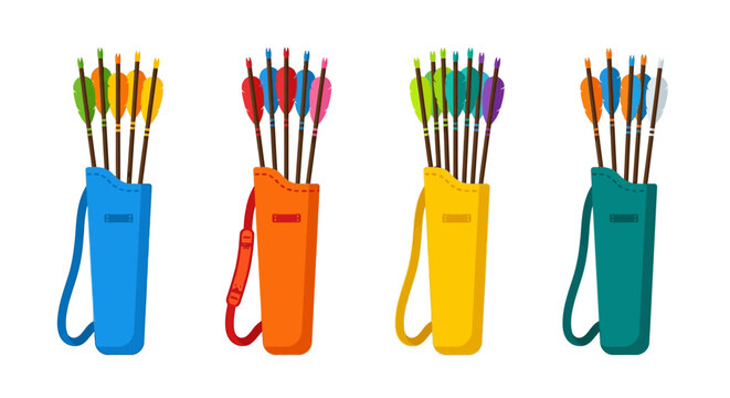 Colorful archery arrows grouped in four different quiver pouches