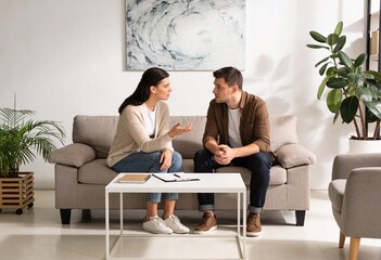 Young adult couple talking seriously on sofa in bright living room, relationship communication and conflict resolution at home with notes on coffee table